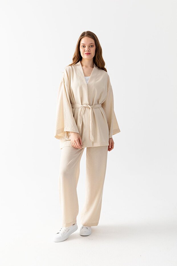 Zen Elegance Women's Kimono Set - Wide Leg Linen Textured Top and Bottom Summer Set