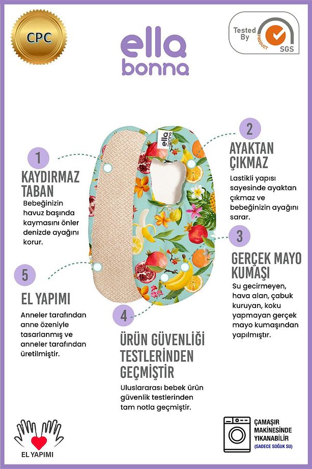 Kaydırmaz Taban Unisex Bebek Çocuk Deniz Ayakkabısı Havuz Patiği Meyveler - 3