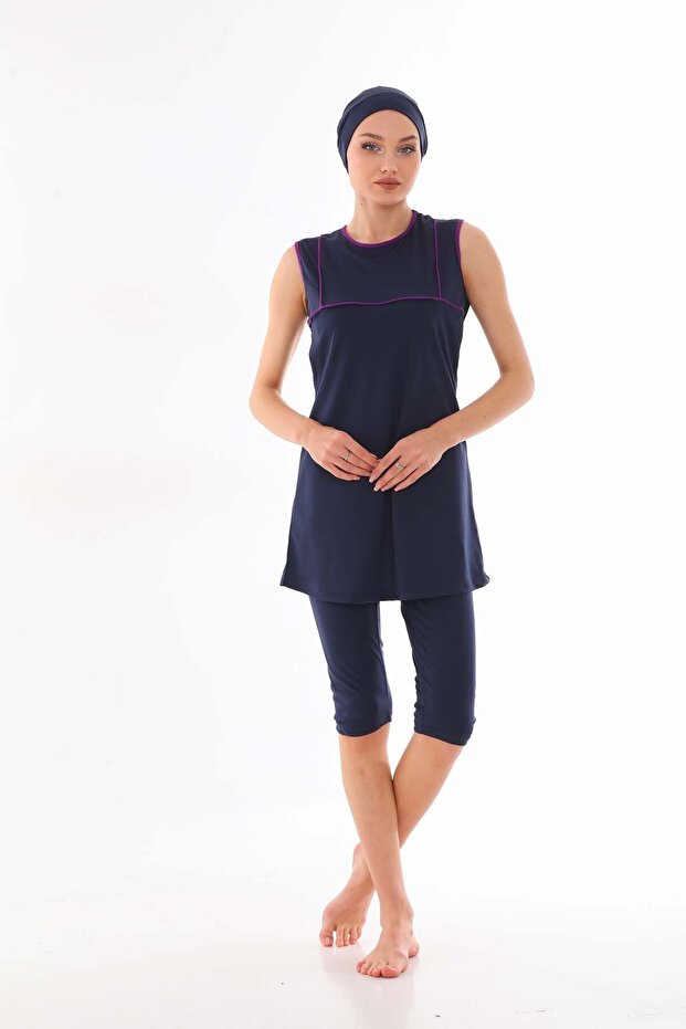 Zero Sleeve Purple Striped Navy Women's Swimsuit