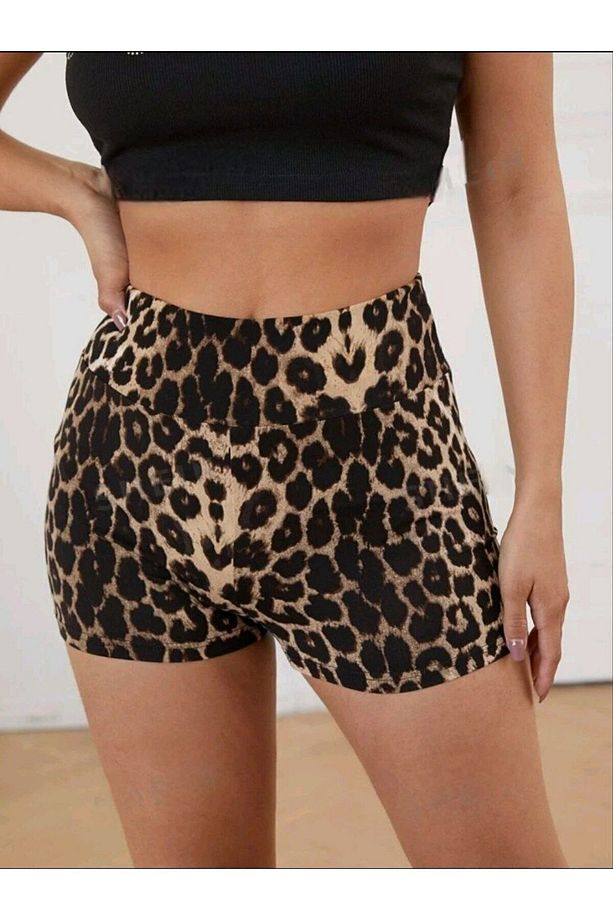 Kadın Leopar Desenli Yüksek Bel Spor Şort Lıkralı Penye Pamuk Şort Kadın Basic Mini Şort Leopar 5010 - 5