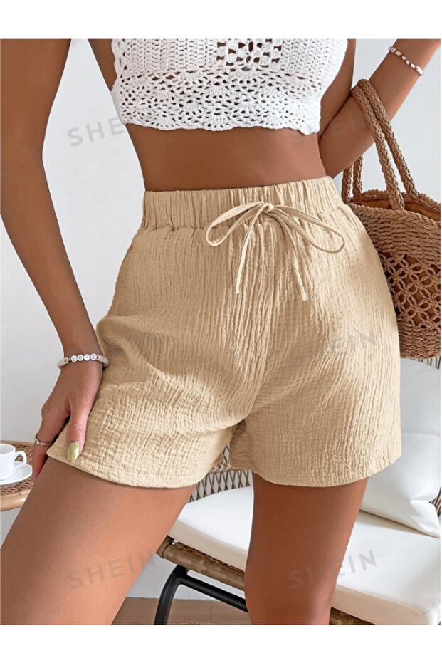 Bej Belden Bağlamalı Şort - 1