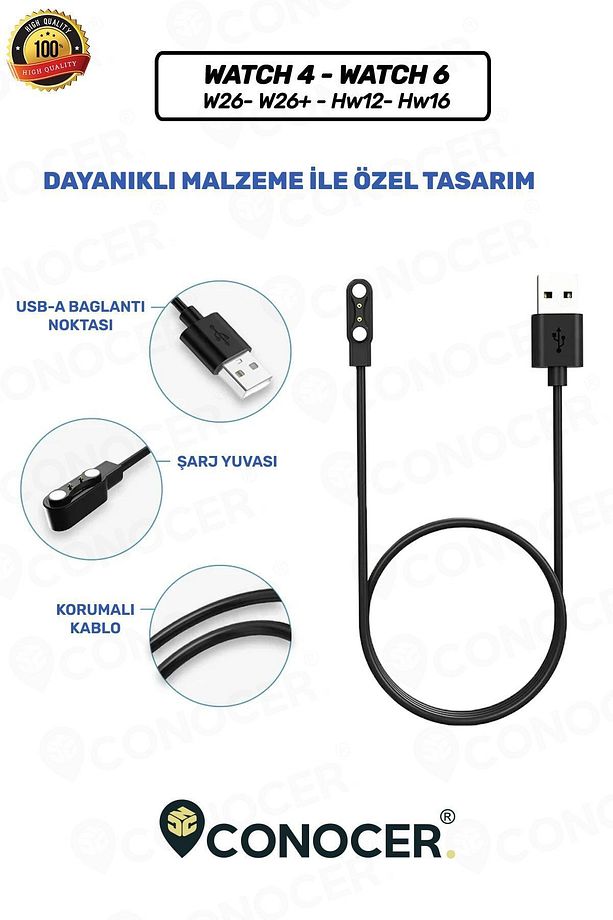Watch 6 Şarj Kablosu W26- W26 Plus- Hw12- Hw16 Uyumlu Akıllı Saat Şarj Kablosu Yüksek Kalite - 3