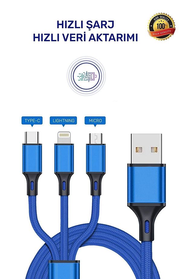 Huawei Xiaomi Samsung Iphone Uyumlu Örgü Hasır Çoklu Şarj Kablosu Type-c Micro Lightning - 1
