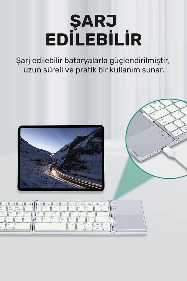 Katlanabilir Bluetooth Klavye Ultra Ince, Şarj Edilebilir, Touchpadli, Kablosuz - 2