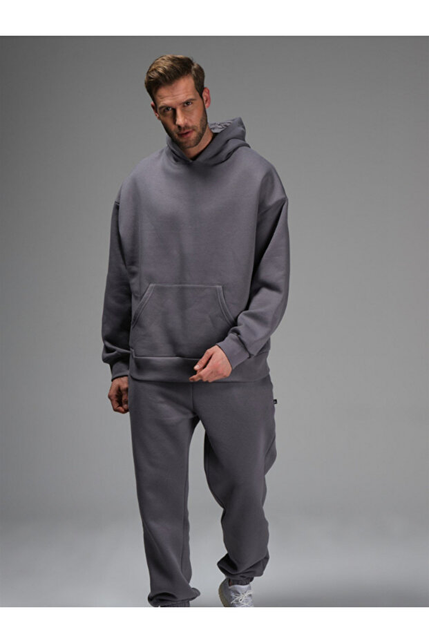Men's Oversize Smoked Tracksuit Set - 3 Thread, Cotton, Elastic Leg