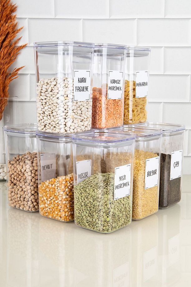 12'li Vakum Kapaklı Bakliyat Seti Etiketli Saklama Kabı Erzak Seti Kavanozu Mika 1200 ml - 3