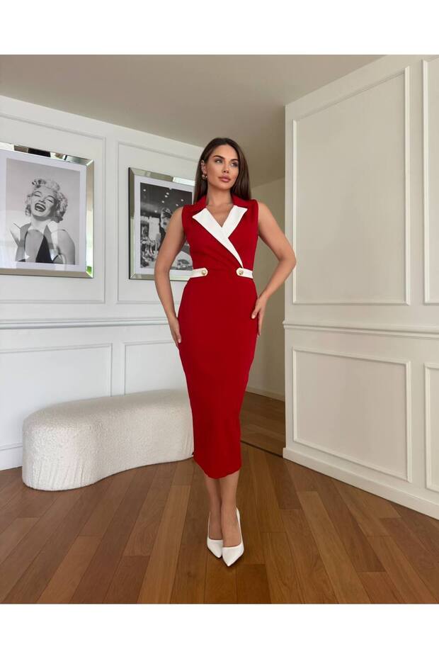 Women's Red Shirt Collar Lined Special Brooch and Button Detailed Lined Design Dress