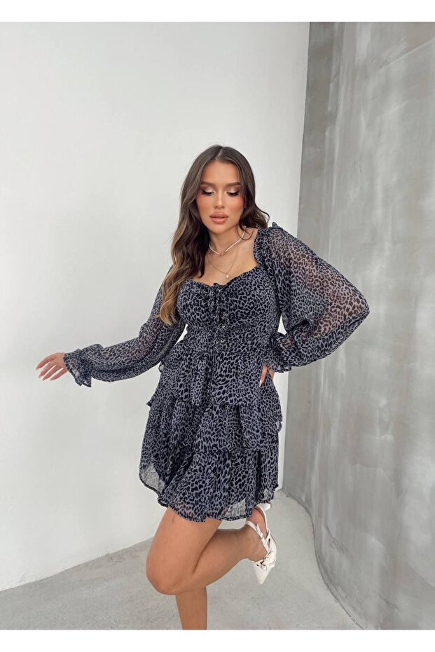 Patterned Mini Chiffon Dress - Length Design - 1