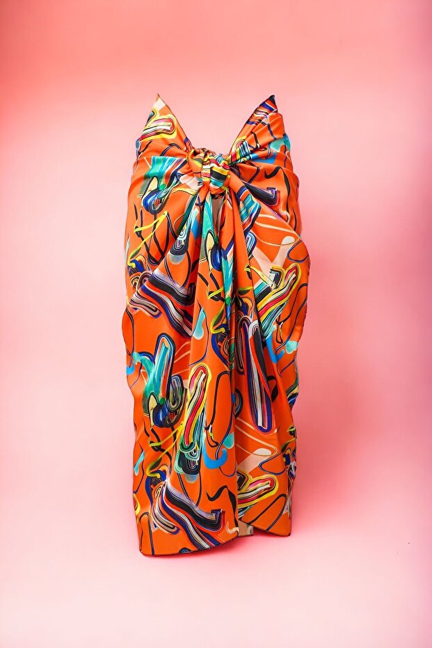 Orange Geometric Patterned Long Pareo Satin Women's Beach Dress New Season