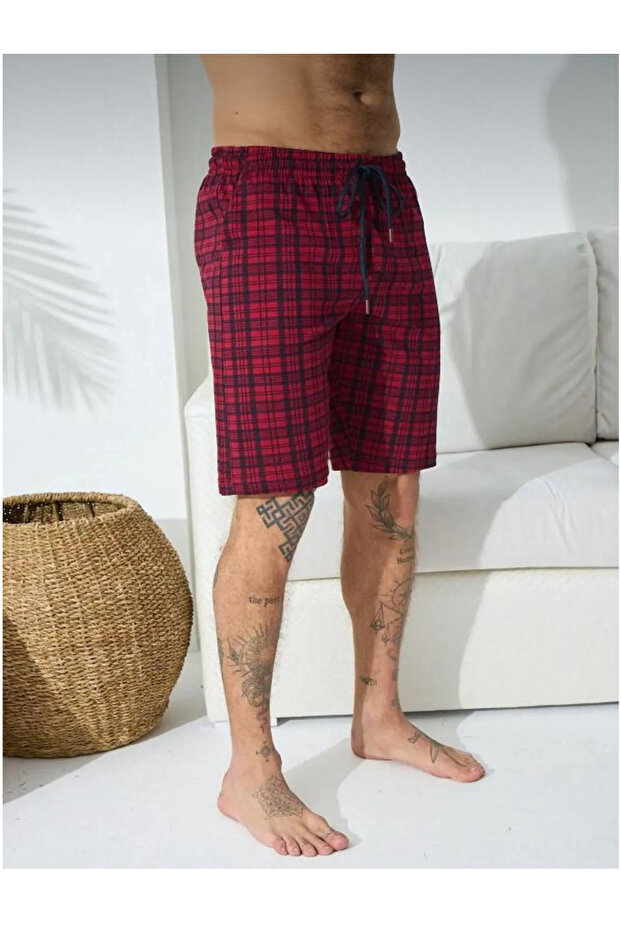 Ekose İnce Tek Alt Rahat Penye Şort %100 Pamuk - 1