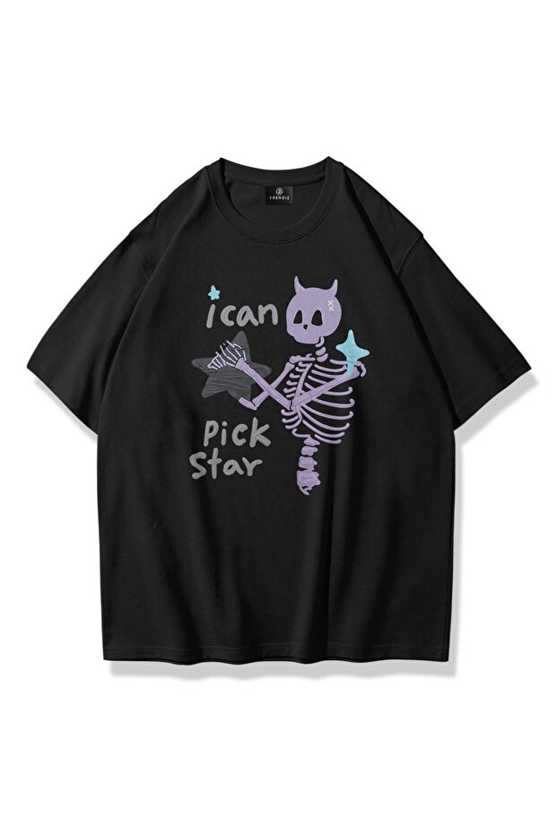Oversize Unisex I Can Pick Star Tshirt Siyah - 1