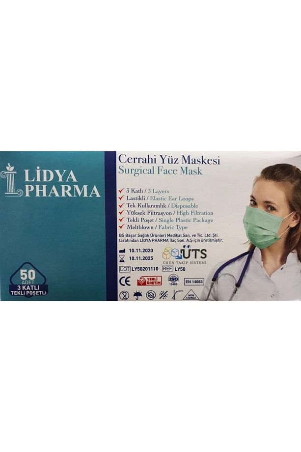 Pharma Cerrahi Maske Tek Tek Steril Poşetli Telli 3 Katlı 50 Adet Yeşil - 2