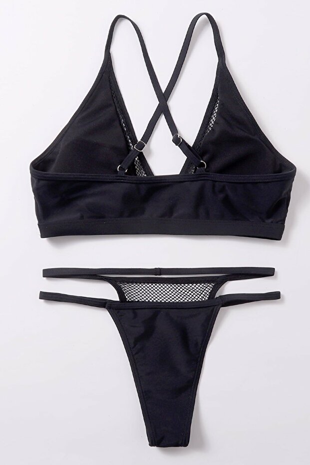 Kadın Siyah File Detaylı Özel Bikini Takımı - 5