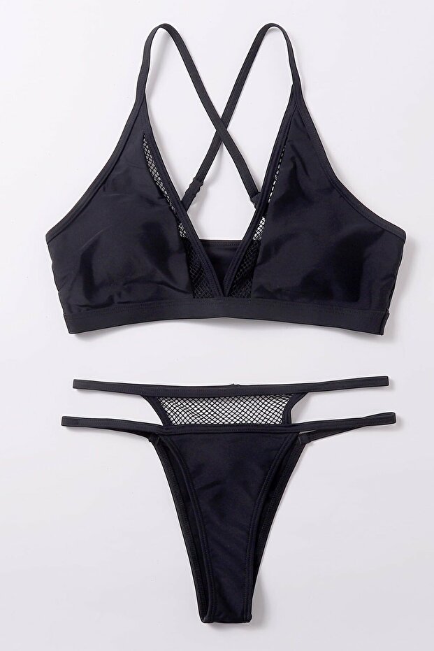 Kadın Siyah File Detaylı Özel Bikini Takımı - 8