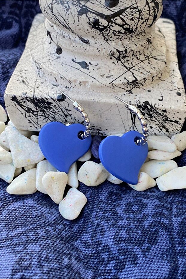 Matte Indigo Blue Color Antiallergic Heart Earrings