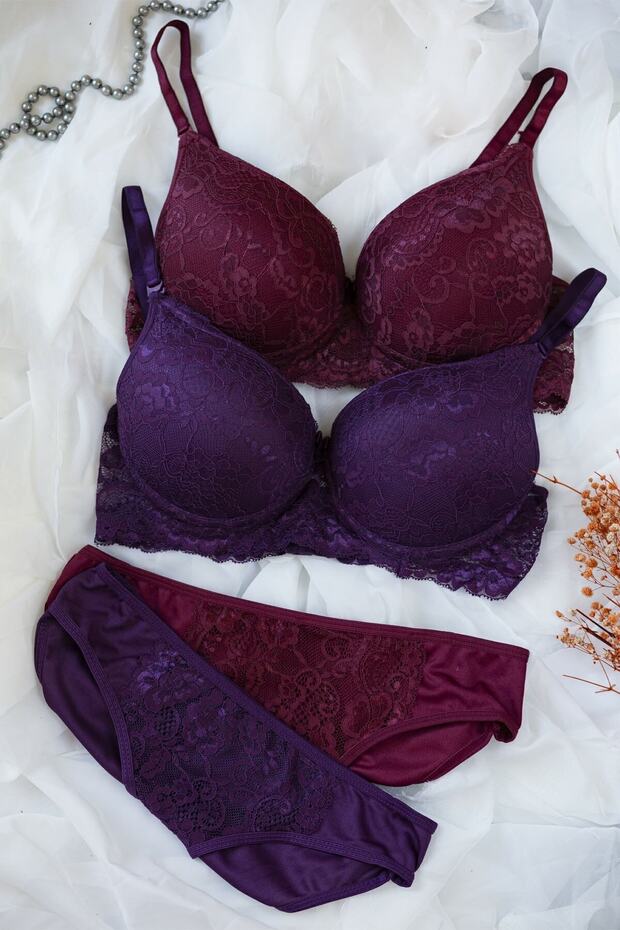 Kadın Bordo Ve Mor Dolgulu Balenli Sütyen Külot 2'li Paket - 1