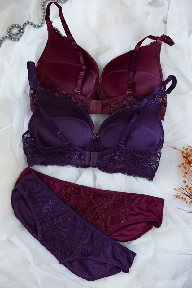 Kadın Bordo Ve Mor Dolgulu Balenli Sütyen Külot 2'li Paket - 2