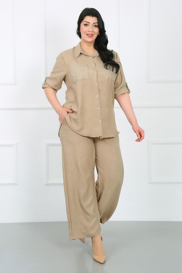 Large Size Soft Linen Women's Shirt with Stone Detail - Mink