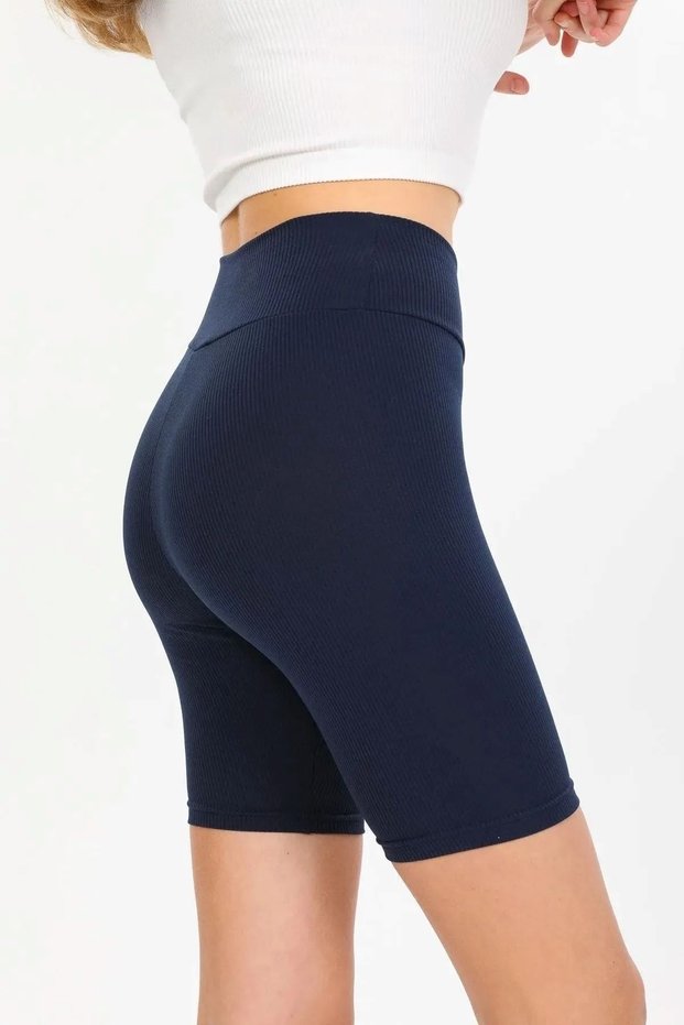Navy Blue Ribbed Striped Short Shorts Half Leggings High Waist Knitted Biker Sports Leggings