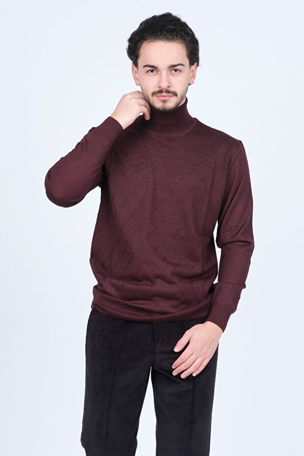 Men's Patterned Full Fisherman Knitwear Wool Sweater 5596984 Claret Red