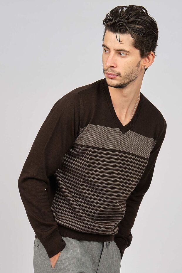 Men's Patterned V-Neck Wool Sweater 0249640 Brown