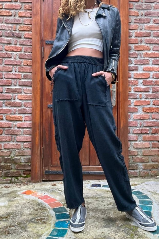 Women's Black Elastic Waist Washed Linen Look Filthy Stitching Detailed Loose Baggy Trousers RSD1196