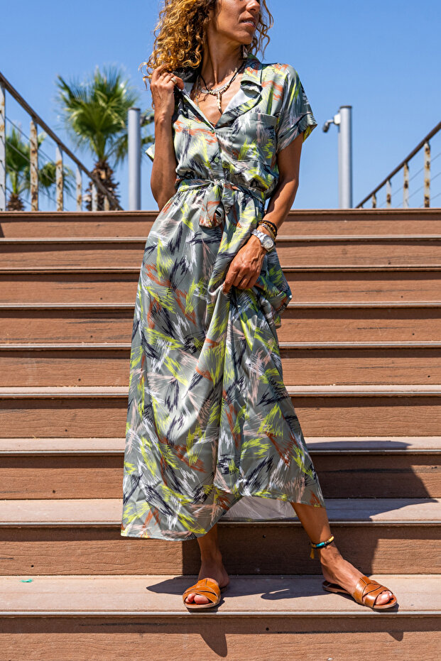Women's Khaki Satin Elastic Waist Half Placket Long Dress Bst3232