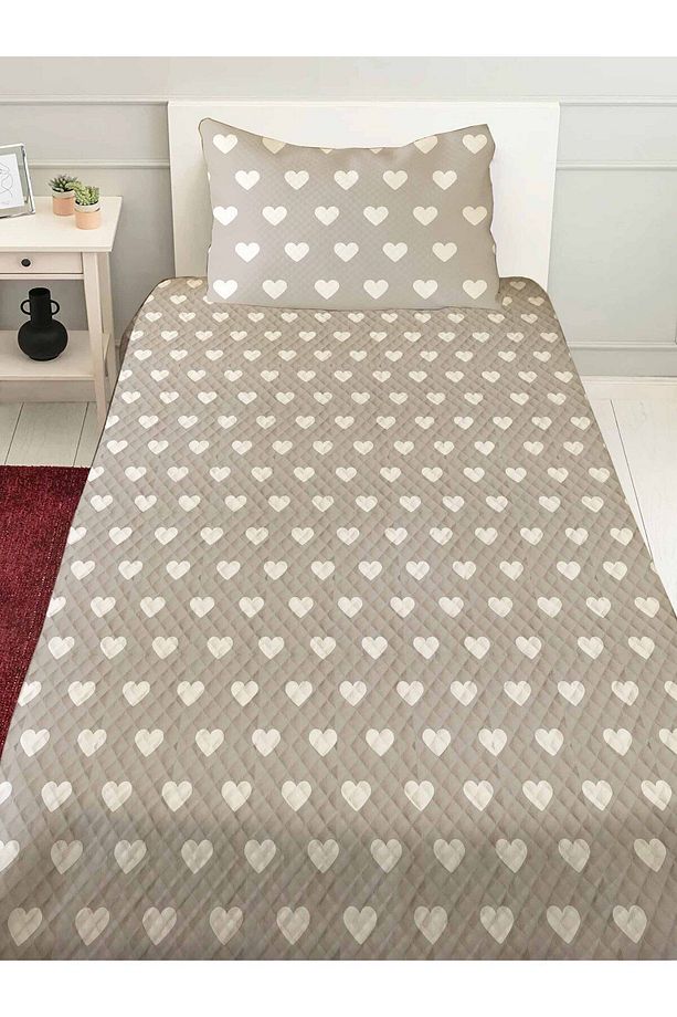 Gri Kalpli Desenli Tek Kişilik Yastıklı Baskılı Yatak Örtüsü Pike Takımı 160x220cm - 2