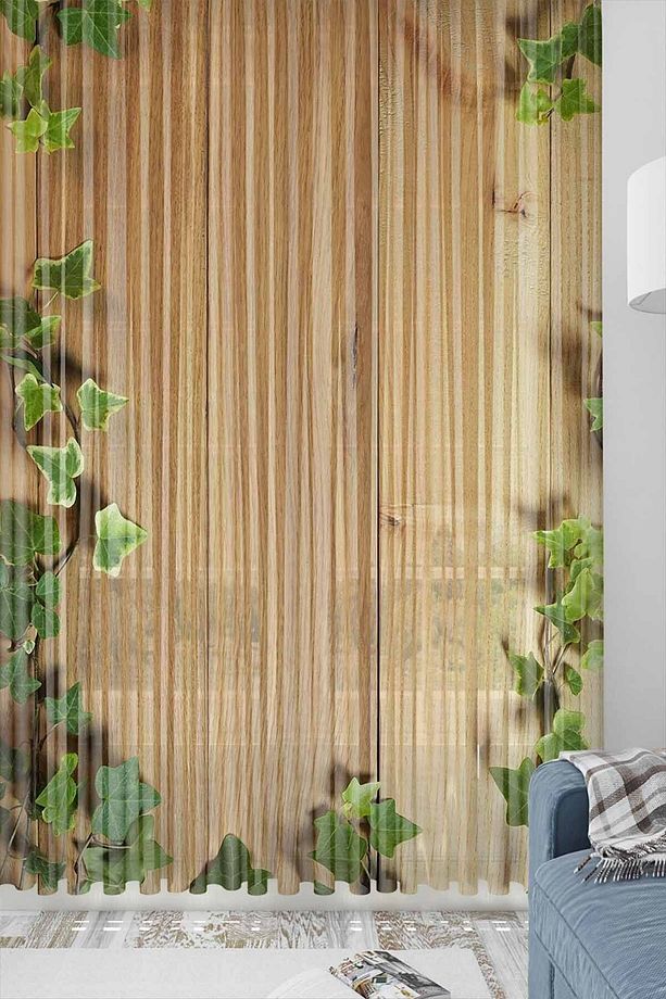 Else Yeşil Sarmaşık Ahşap Desenli Dekoratif Modern 3d Tül Fon Perde - 1