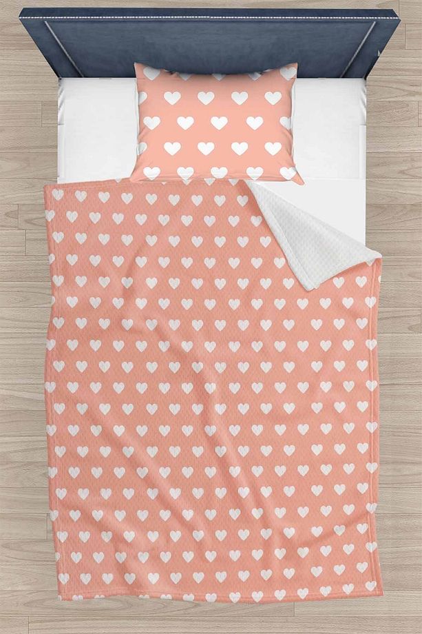 Pembe Kalpli Desenli Tek Kişilik Yastıklı Baskılı Yatak Örtüsü Pike Takımı 160x220cm - 1