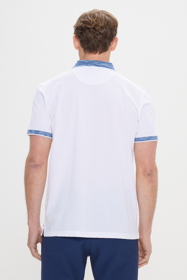 Slim Fit Dar Kesim %100 Pamuk Jakarlı Polo Yaka Beyaz-Lacivert Tişört - 5