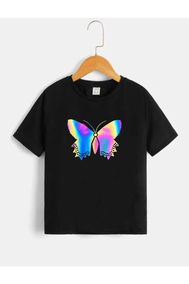 Children's Unisex Oversize Black Hologram Butterfly Printed T-Shirt