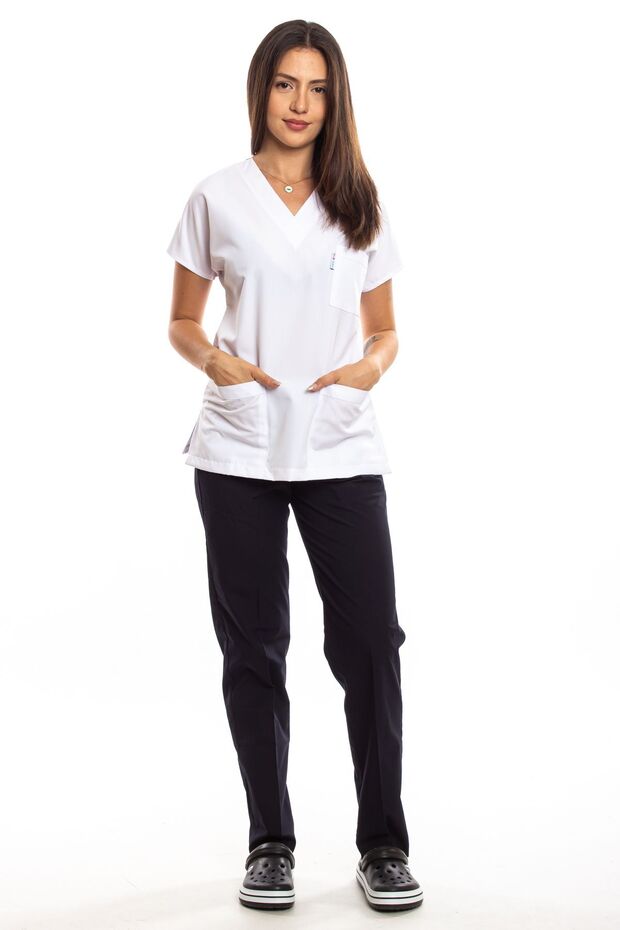 Surgical Doctor Nurse Scrubs Top White Bottom Navy Blue Jersey Suit