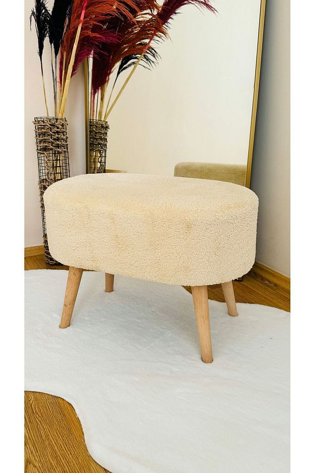 Oval Model Ahşap Ayaklı Teddy Kumaş Dekoratif Puf Bench - 4
