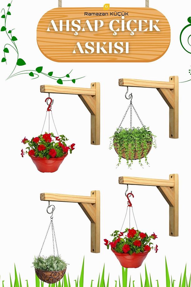 Ahşap Sarkıt Çiçekler Için Kancalı Duvar Askılığı Balkon Askısı Ahşap Çiçeklik - 6