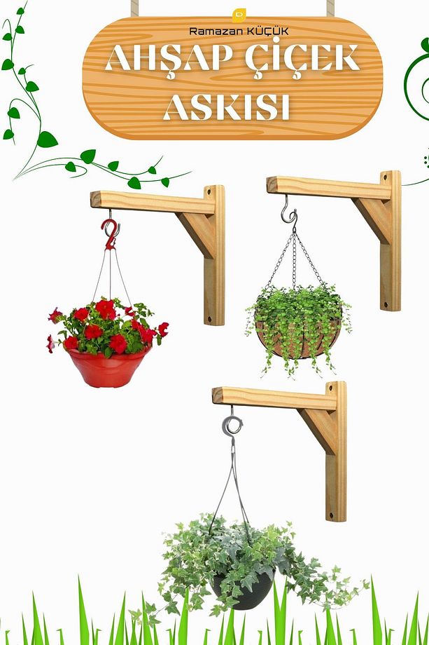 Ahşap Sarkıt Çiçekler Için Kancalı Duvar Askılığı Balkon Askısı Ahşap Çiçeklik - 5