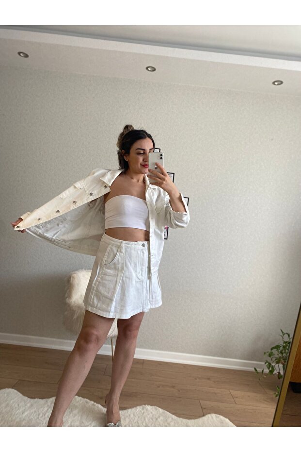 Beyaz baskılı kot ceket - 5