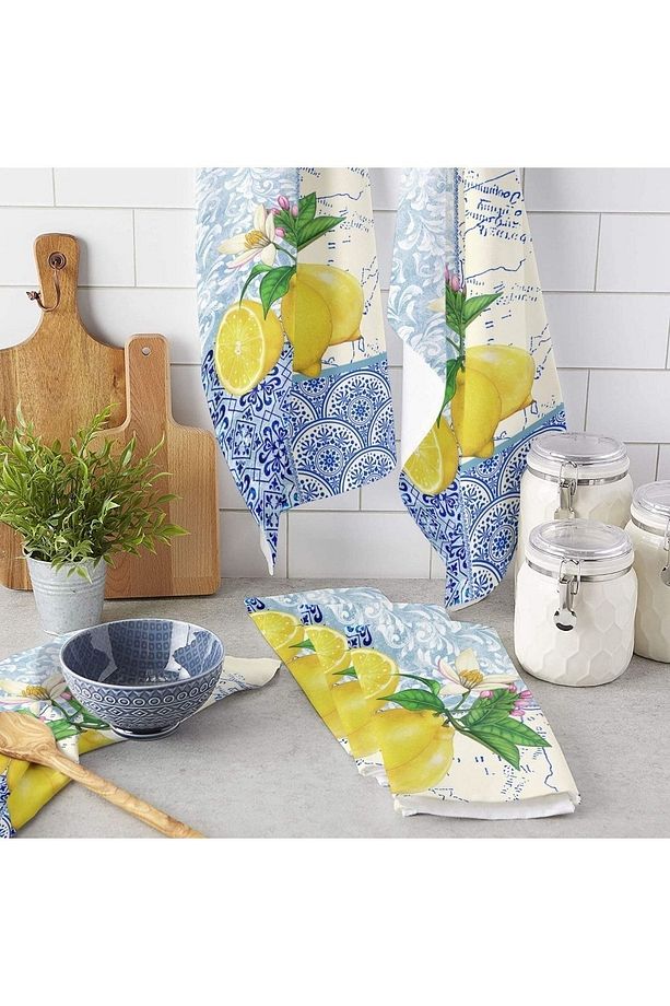 Else Mavi Sarı Limon Desenli Mikrofiber Mutfak Havlusu Kurulama Bezi Su Emici El Yüz Havlusu - 1