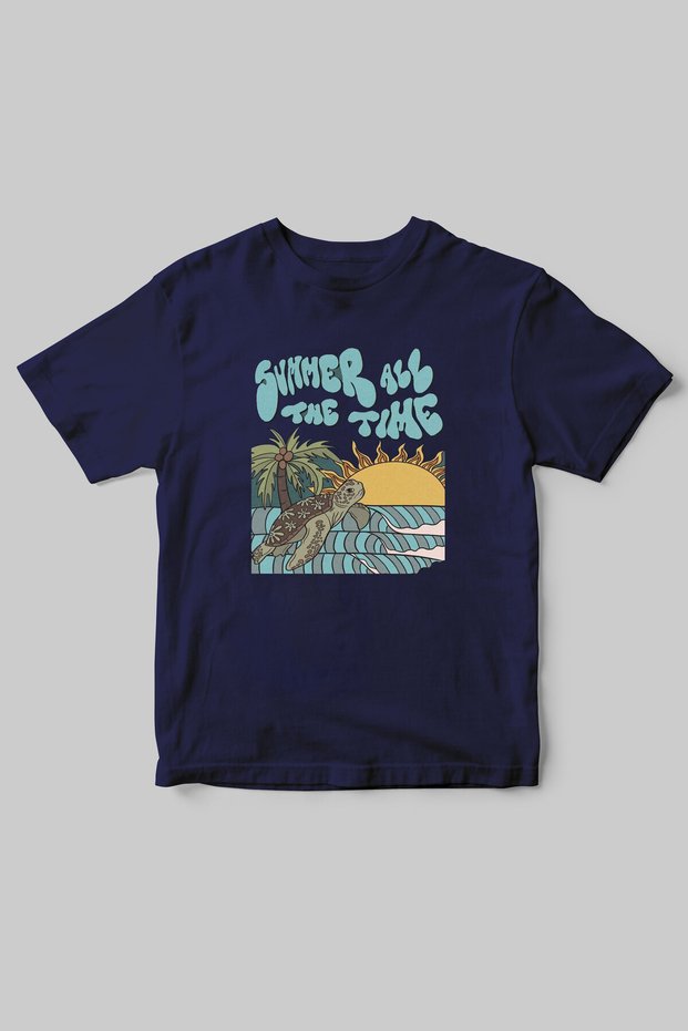 Summer Time Caretta Caretta Sea Sand Sun Printed Regular Fit 100% Cotton T-Shirt