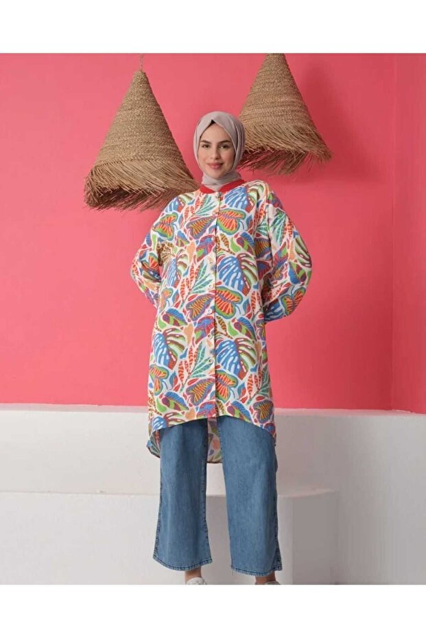 Colorful Leaf Patterned Sleeve Collar Tunic - Cuffed and Ribbed