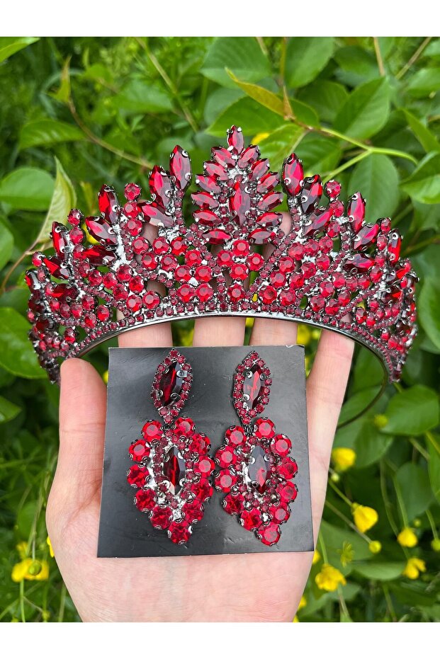 burgundy Bridal crown set crystal stone crown and earrings