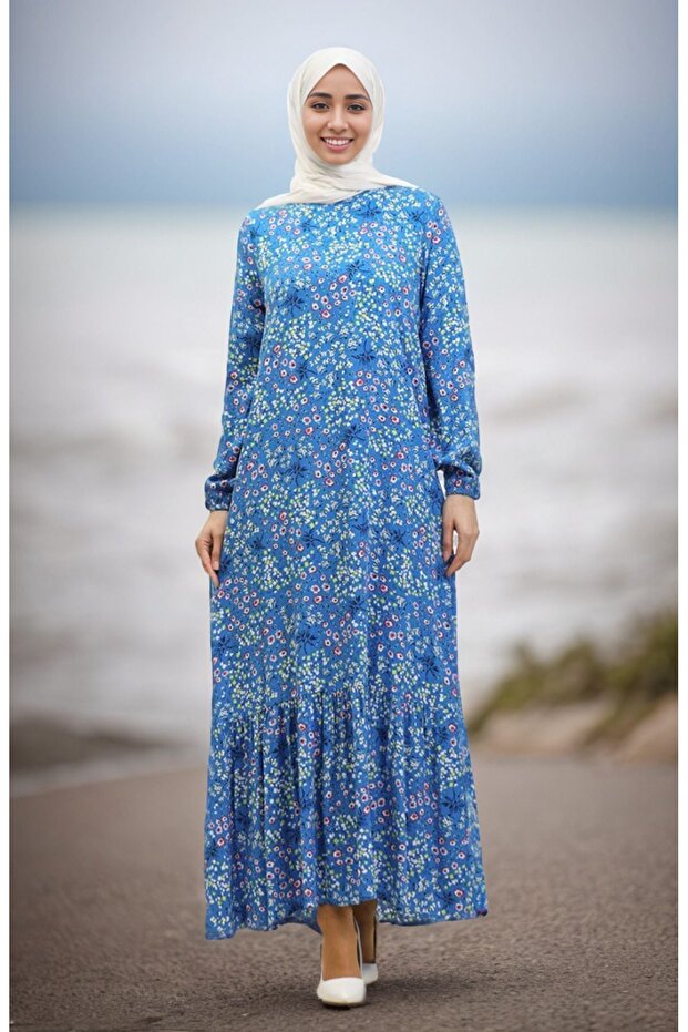 Floral Viscose Dress with Gathered Hem