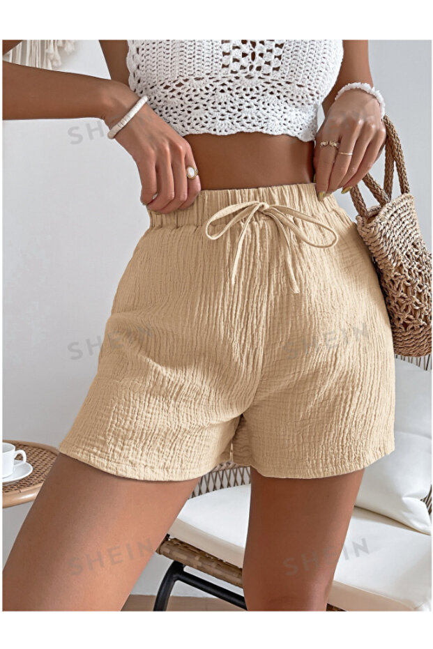 Bej Belden Bağlamalı Şort - 4