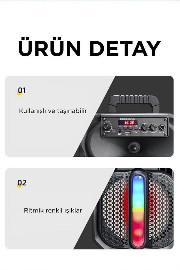D26 Siyah RGB Işıklı Mikrofonlu Kumandalı USB/TF/FM/MIC/BT Bluetooth Hoparlör - 6