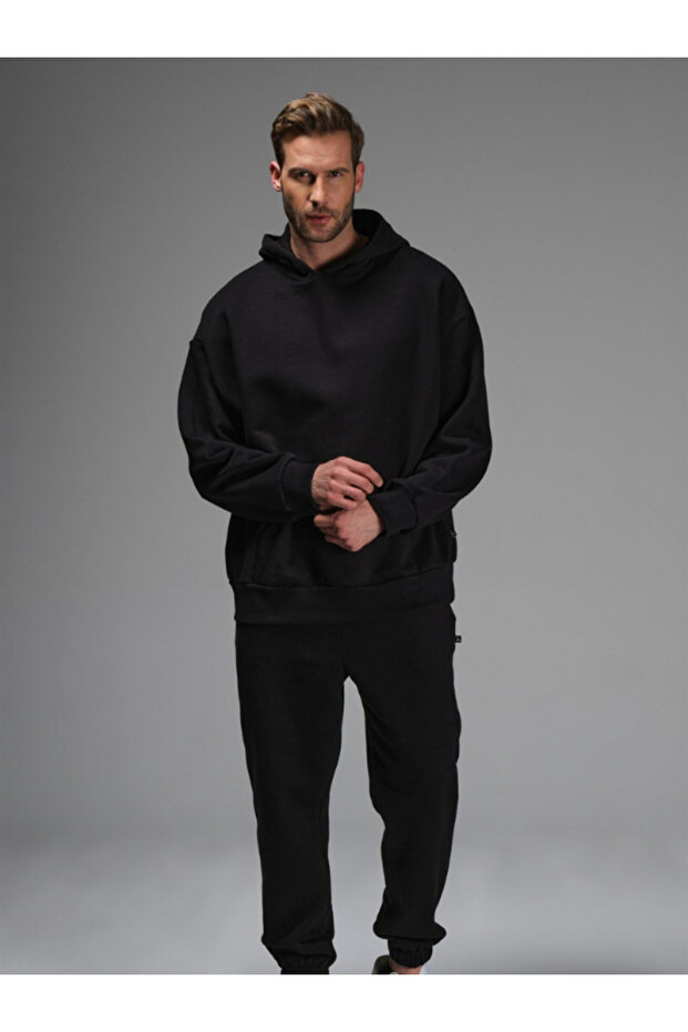 Men's Black 3 Thread Cotton Elastic Leg Comfortable Oversize Tracksuit Set
