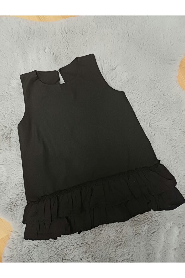 Girl's Casual Cotton Black Ruffle Backless Button Closure Zero Sleeve Dress