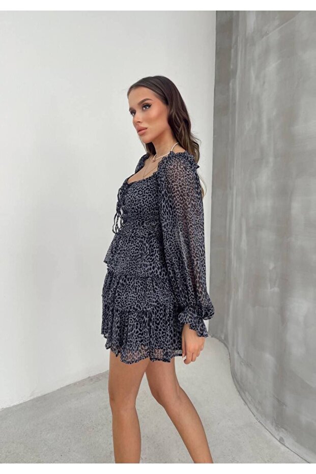 Patterned Mini Chiffon Dress - Length Design - 4