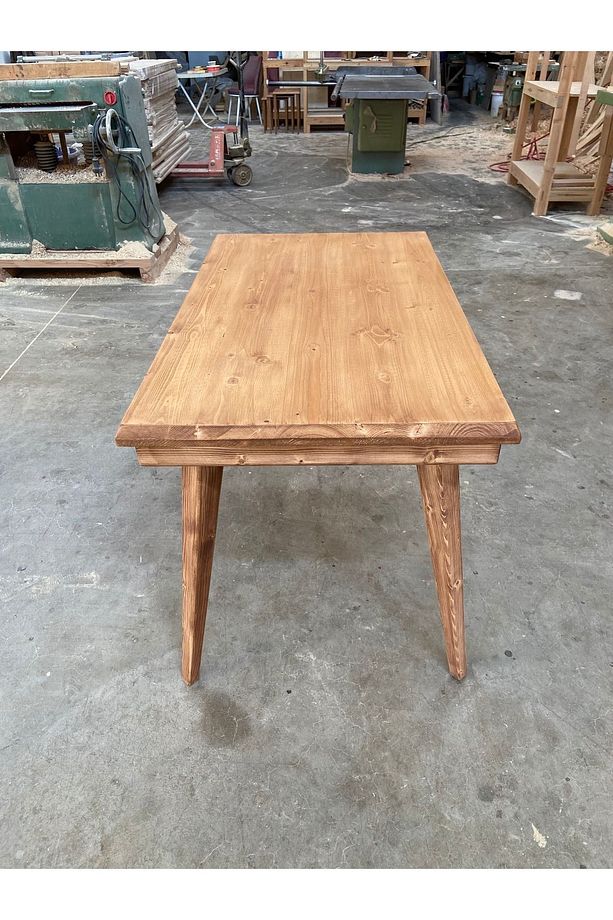 Kare Konik Ayaklı Masif Ahşap Kütük Masa, 120x70 cm, Çalışma-Yemek-Mutfak-Kafe Masası - 7
