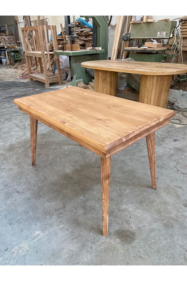 Kare Konik Ayaklı Masif Ahşap Kütük Masa, 120x70 cm, Çalışma-Yemek-Mutfak-Kafe Masası - 5