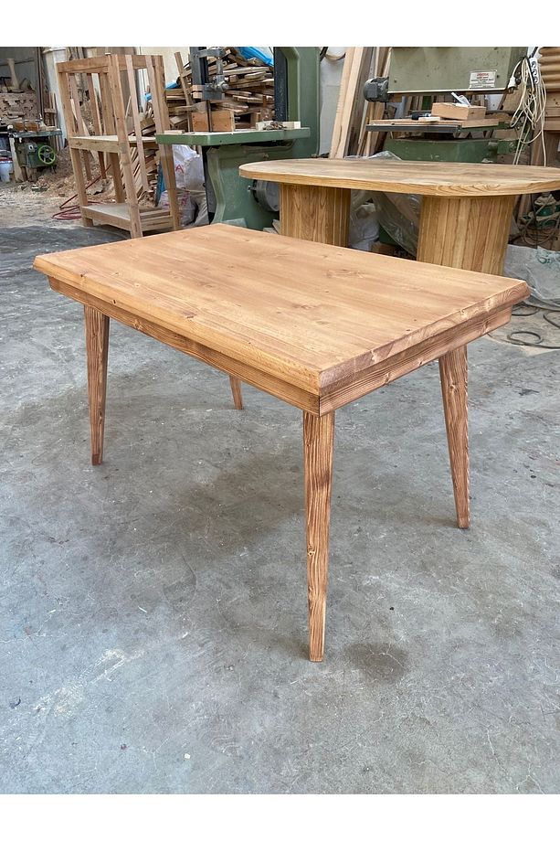 Kare Konik Ayaklı Masif Ahşap Kütük Masa, 120x70 cm, Çalışma-Yemek-Mutfak-Kafe Masası - 4